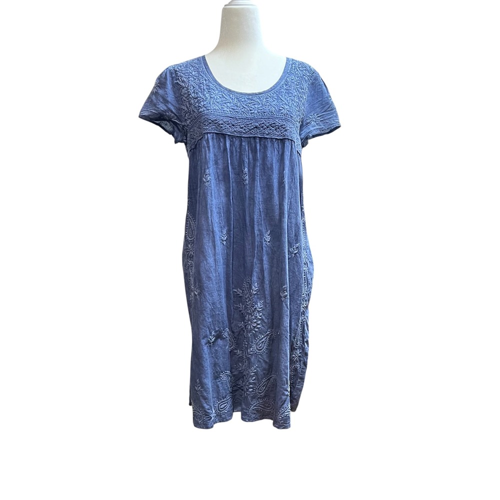 Max Studio Blue Embroidered Cotton Shift Dress Boho Paisley Floral Sz M EUC